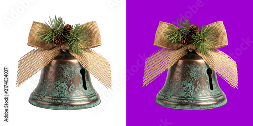 Rustic Bronze Christmas Bell with Burlap Ribbon Decoration transparent png