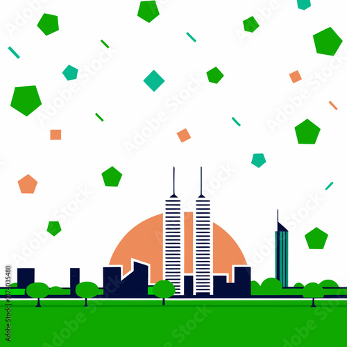 City skyline with towers stands beneath geometric shapes in the sky.