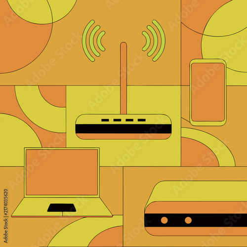 Wireless router and electronic devices connected to internet network signals.