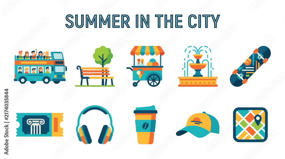 Naklejka premium Colorful summer city activities and urban lifestyle icons set with food truck and travel elements