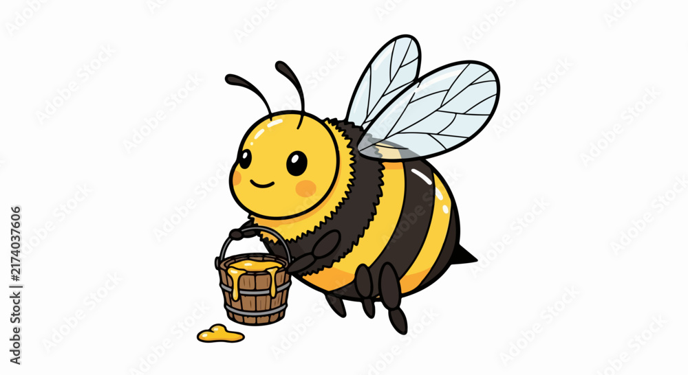 Fototapeta premium Cartoon bee carrying honey bucket