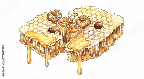 Honeycomb with Dripping Honey and Bees