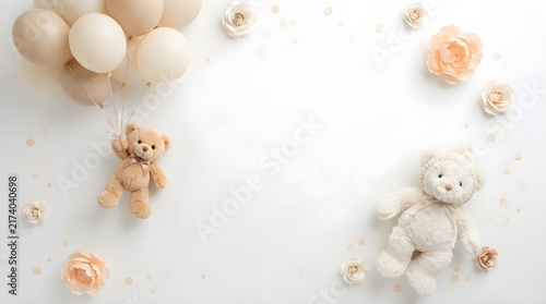 Cute teddy bears with beige balloons and soft peach flowers on a white background for baby shower nursery decoration and greeting cards