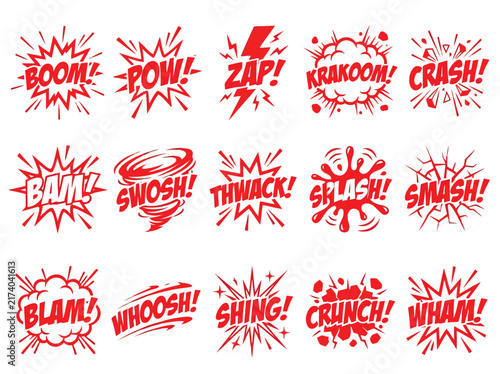 Set of red comic book sound effect speech bubbles on white background