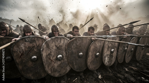 A dramatic and intense cinematic illustration of medieval soldiers in helmets and chainmail forming a tight defensive shield wall with wooden round shields and spears on a muddy, smoke-filled battl...