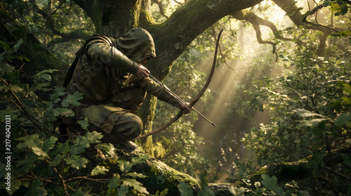 A skilled hooded archer crouching stealthily on a mossy tree branch, aiming a wooden bow and arrow down towards the forest floor. Beautiful sunbeams filter through the dense canopy of a lush fantas...