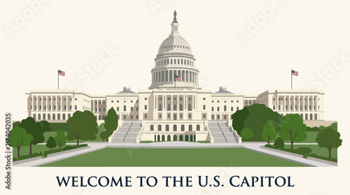Very beautiful realistic vector illustration of the United States Capitol in Washington, D.C. featuring its iconic dome and formal grounds, WELCOME TO THE U.S. CAPITOL, isolated on white background, n