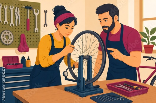 Woman learning bicycle wheel truing from male mentor, acquiring new skills in a bike repair workshop