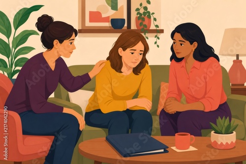 Friends providing comfort to a sad woman, showing empathy and support during a challenging moment in a cozy home setting