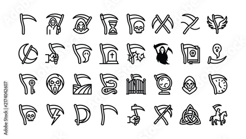 Foto Black and White Line Art Icons Featuring Death and Graveyard Symbols Collection