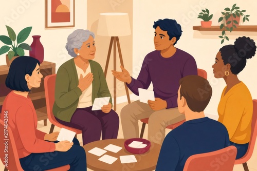 Older woman sharing experience in a diverse support group meeting, people listening and learning