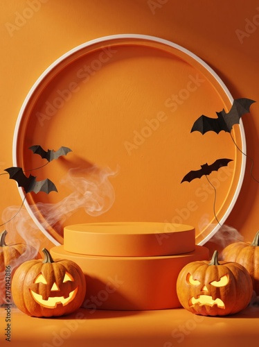 Vibrant orange circular podium display with carved Halloween pumpkins flying paper bats and atmospheric smoke on a bright orange background creating a festive spooky scene