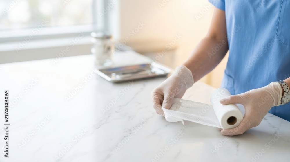 Fototapeta premium Medical professional preparing sterile white gauze bandage in bright minimalist clinic setting