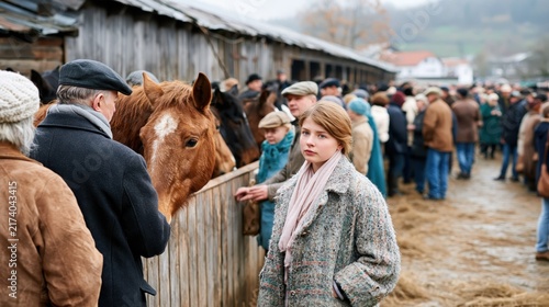 A bustling outdoor scene captures a mixed crowd of people interacting with horses at a farm auction, conveying a sense of community and agricultural passion.