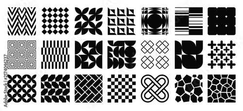 Retro geometric seamless pattern set, bold brutalist black and white abstract wallpaper texture background vector