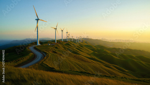 Foto Wind turbines and winding access road on mountain ridge at sunset with mountain