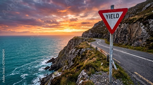 A scenic coastal road with a yield sign at sunset in Ireland.