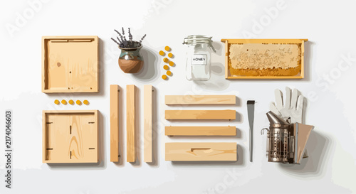 Beekeeping tools and honeycomb frame on white background