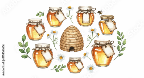 Honey jars beehive and flowers illustration
