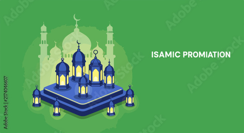 Islamic promotion with mosque and lanterns illustration