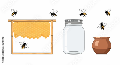 Bees and honeycomb with jars illustration