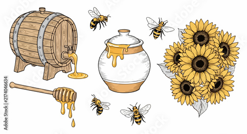 Honey bees sunflowers barrel and honey pot illustration