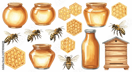 Honey Bees and Honeycombs with Jars and Hive