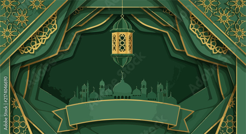 Islamic Mosque Silhouette with Ornate Lantern and Geometric Patterns