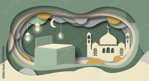 Mosque and Kaaba in Ramadan Night Scene