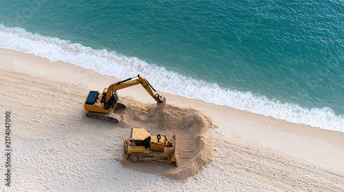 Aerial view of heavy yellow construction machinery excavate and move sand on a pristine tropical beach near turquoise ocean water today