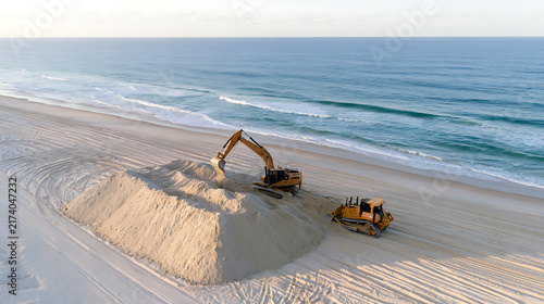 Aerial view of heavy construction machinery excavating and moving sand on a scenic ocean beach during coastal protection and restoration proj