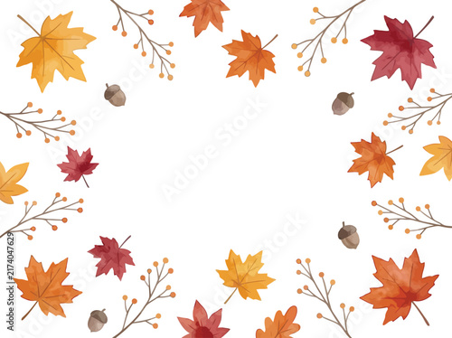 Watercolor autumn leaves and acorns border on white background