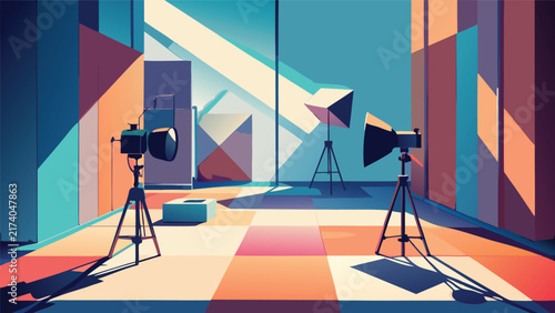 Creative photo studio interior setup featuring professional lighting softboxes and multi colored geometric walls lighting photography equipment professional interior background production