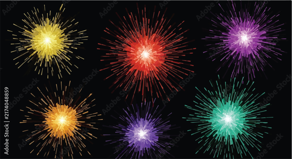 Fototapeta premium Colorful abstract burst elements resembling fireworks or light explosions arranged on a dark background.