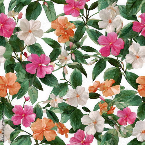 Colorful floral pattern with pink roses and greenery