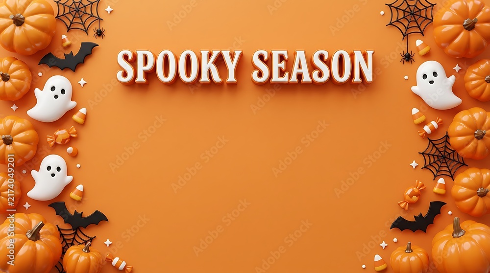 Fototapeta premium halloween spooky season text on orange background with pumpkins bats ghosts and candy corn.