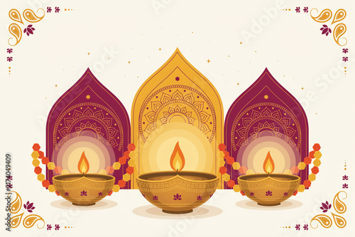 Diwali festival diya oil lamps in ornate arch frames, warm gold and maroon decorative border on white background for holiday greeting