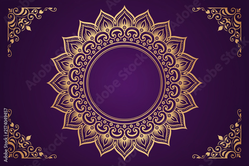 Ornate mandala frame on deep purple background with gold floral ornament and corner filigree, luxury decorative border for invitation or greeting card