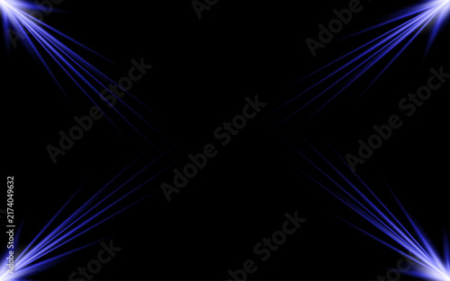 Abstract blue light rays emanating from the four corners on a solid black background design element