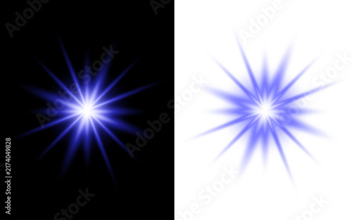 Abstract blue starburst light effect isolated on black and white backgrounds for graphic design and overlays