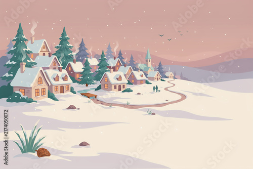 Winter village landscape illustration with snow-covered cottages and pine trees, pastel pink sky and winding road, cozy seasonal background for greeting cards