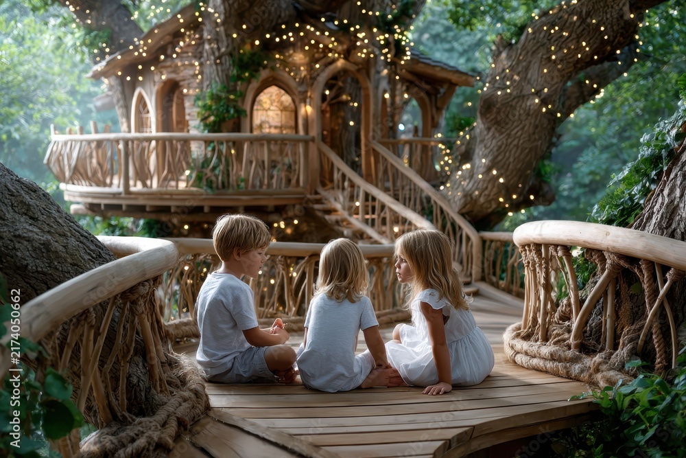 Fototapeta premium Children enjoy storytelling in a whimsical treehouse surrounded by nature