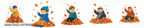 A flat vector illustration of little girl sitting on a pile of dry leaves and waving, set in an autumn atmosphere with falling leaves