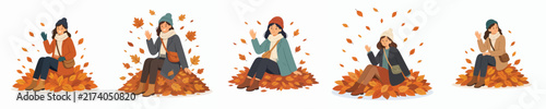 A flat vector illustration of woman sitting on a pile of dry leaves and waving, set in an autumn atmosphere with falling leaves