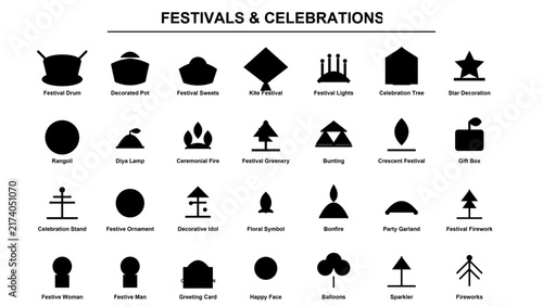 Vector Black Icon Set for Web Design Featuring Food, Travel, Hat, and Cake Symbols