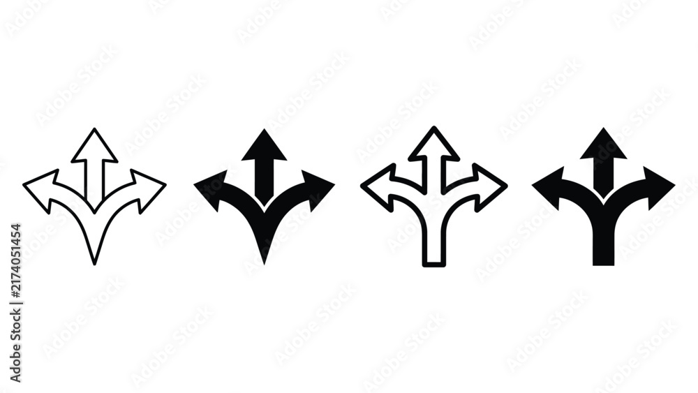 Fototapeta premium direction arrow icon set with multiple pathway and navigation symbols, decision making crossroads signs collection, routing guidance vector illustrations isolated
