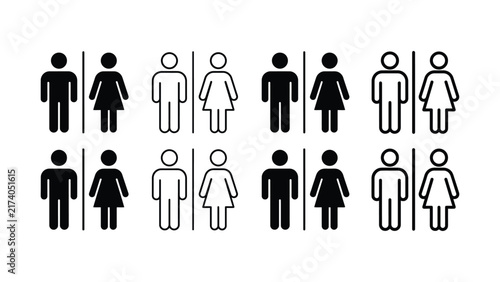 people and restroom icon set collection with human figure pictograms, public facility signage symbols in outline and solid styles isolated on background
