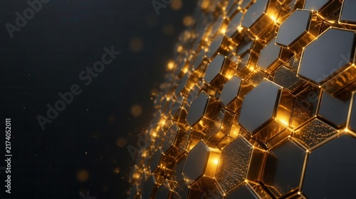 Hexagonal Grid with Glowing Particles: An abstract digital art piece featuring a textured hexagonal grid pattern with an array of glowing golden particles emanating a warm light.