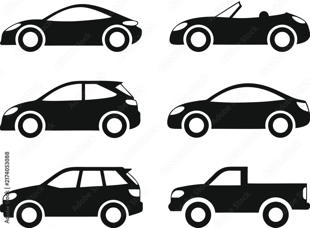 Naklejka premium Car Icon Collection Black Silhouette Vehicle Vector Graphic