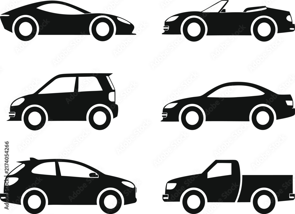 Naklejka premium Car Icon Collection Black Silhouette Vehicle Vector Graphic